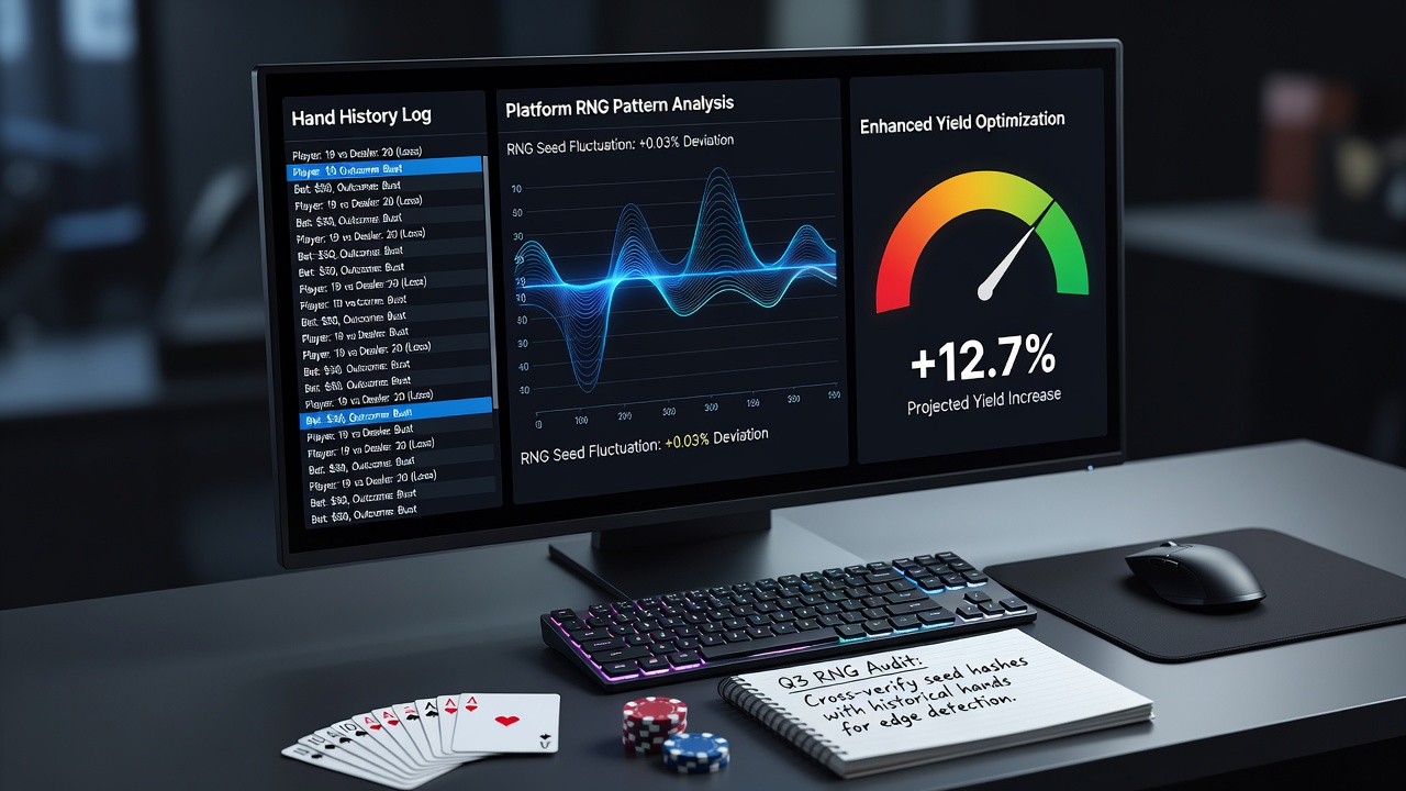 Darstellung einer Handhistorien-Analyse mit RNG-Mustern in digitalem Blackjack