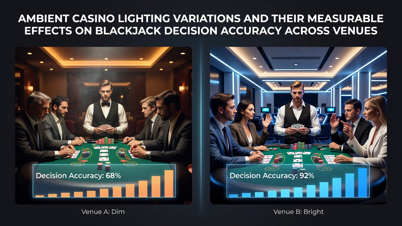 Unterschiedliche Beleuchtungssituationen an Blackjack-Tischen in verschiedenen Casinos mit Fokus auf Lichtintensität und Farbtemperatur