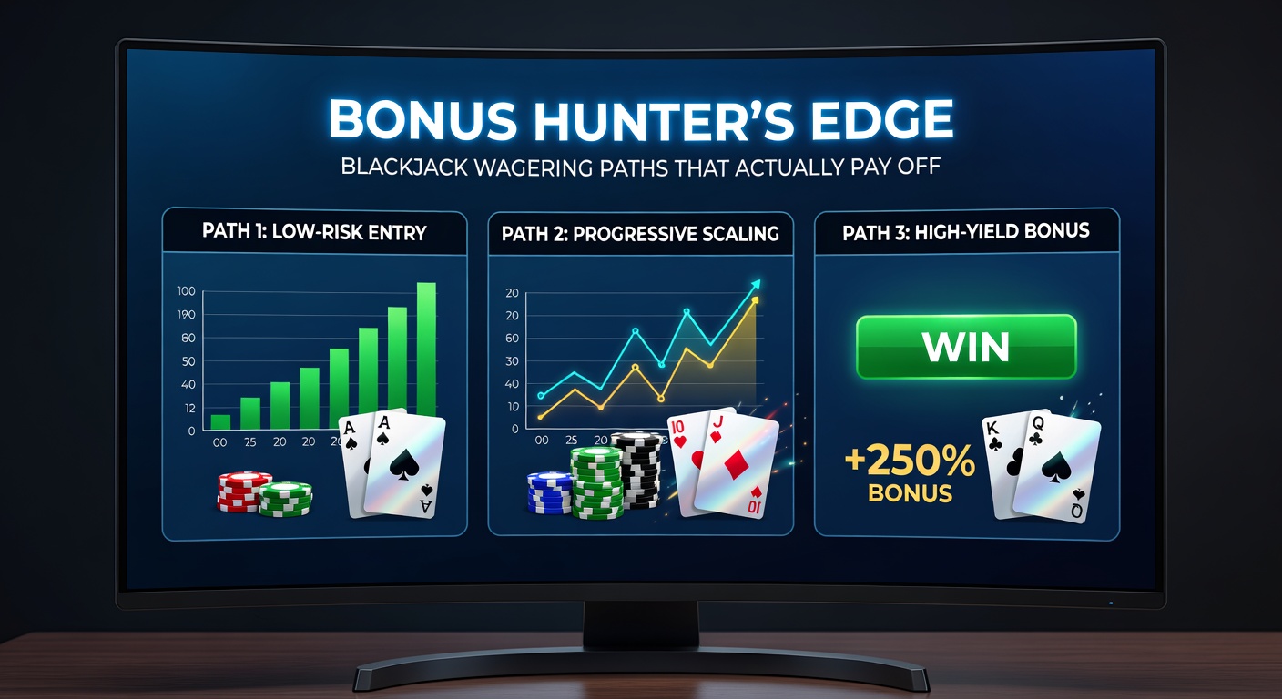 Grafik zeigt einen Spieler am Blackjack-Tisch mit Bonus-Symbolen und Wettpfaden, die positive Erwartungswerte markieren