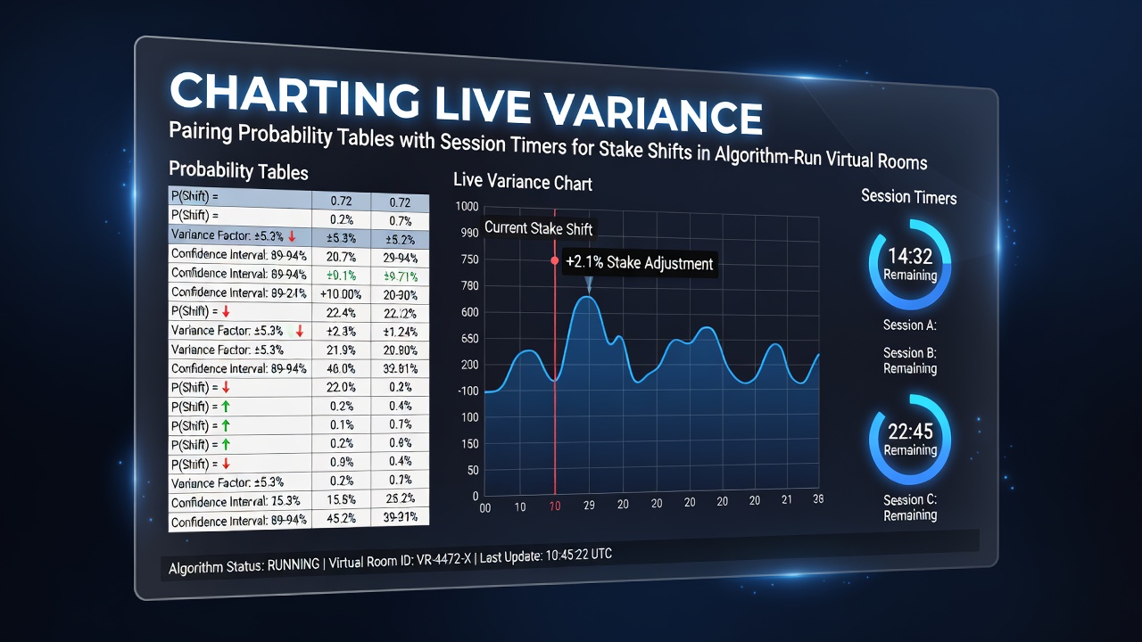 Diagramm zur Visualisierung von Live-Varianz mit Wahrscheinlichkeitstabellen und Session-Timern in virtuellen Blackjack-Räumen