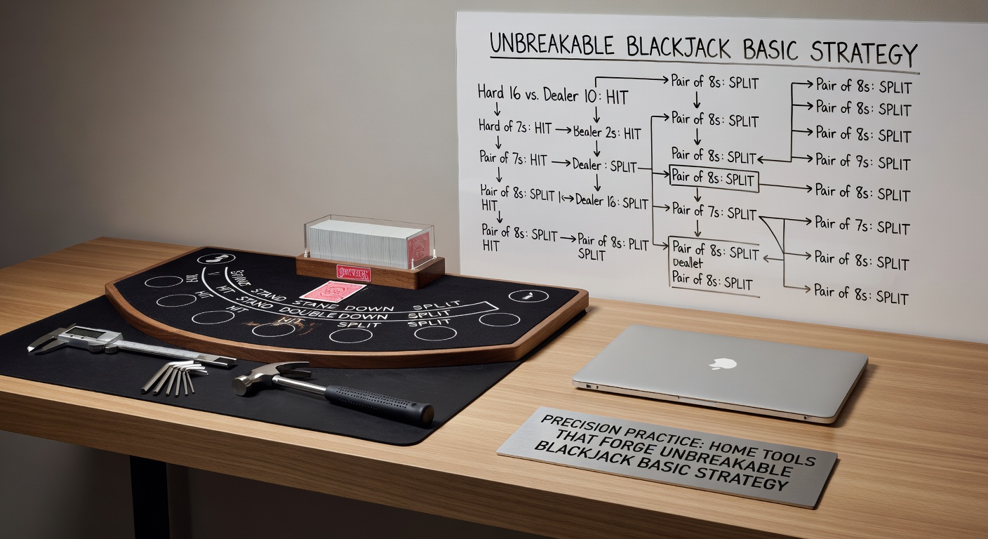 Ein Home-Setup mit Blackjack-Übungssoftware, gedruckten Strategie-Charts und einem Stapel Karten auf einem Schreibtisch, das perfektes Training für die Basic Strategy zeigt