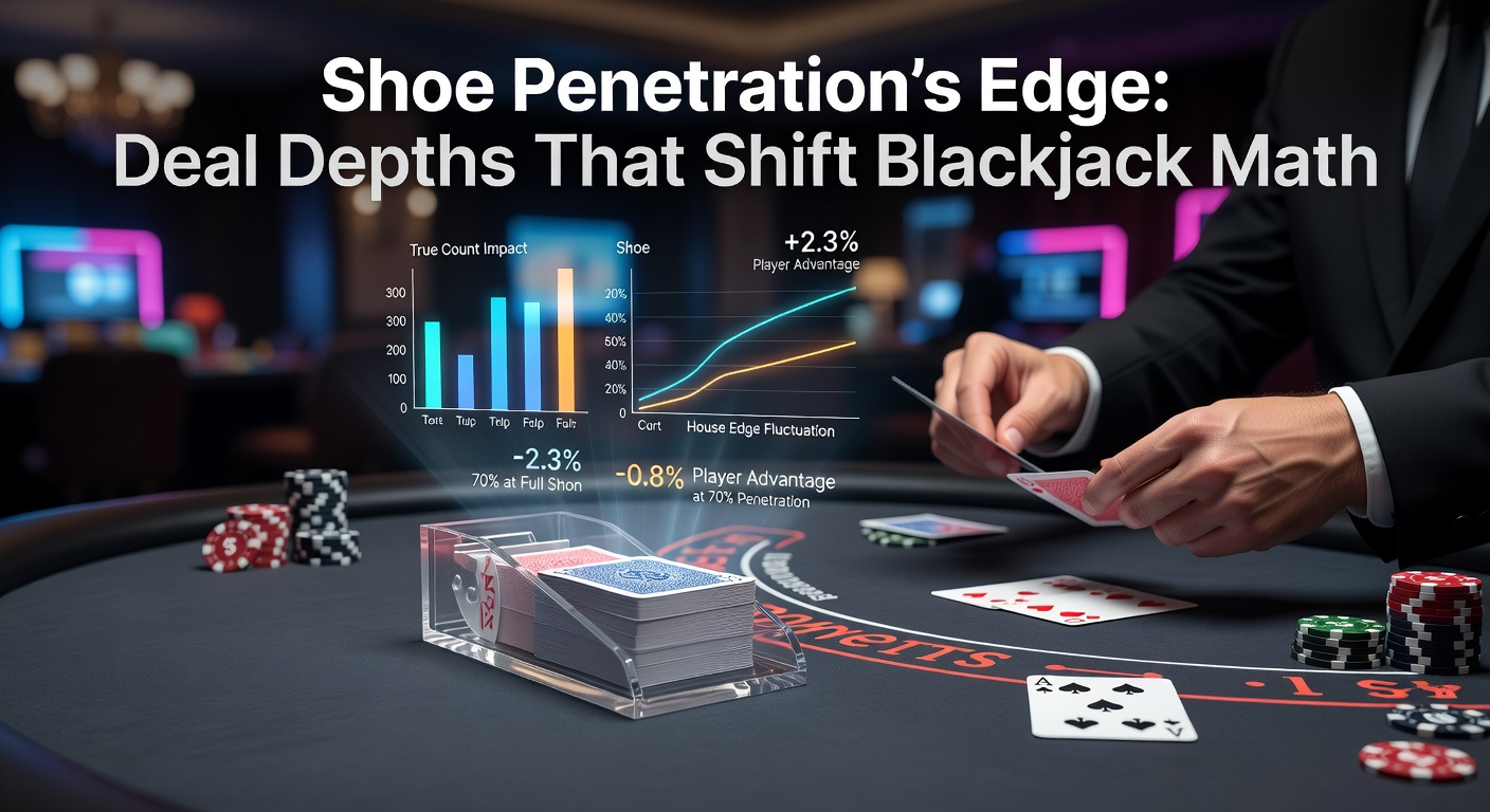Ein mehrdeckiger Blackjack-Schuh, aus dem der Dealer Karten zieht, während Spieler am Tisch warten – ein Symbol für die entscheidende Tiefe der Penetration