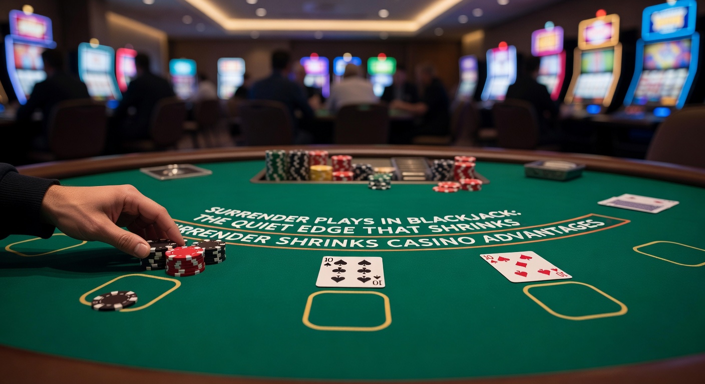 Blackjack-Tisch mit Spieler, der die Aufgeben-Option in Betracht zieht, während der Dealer Karte zeigt