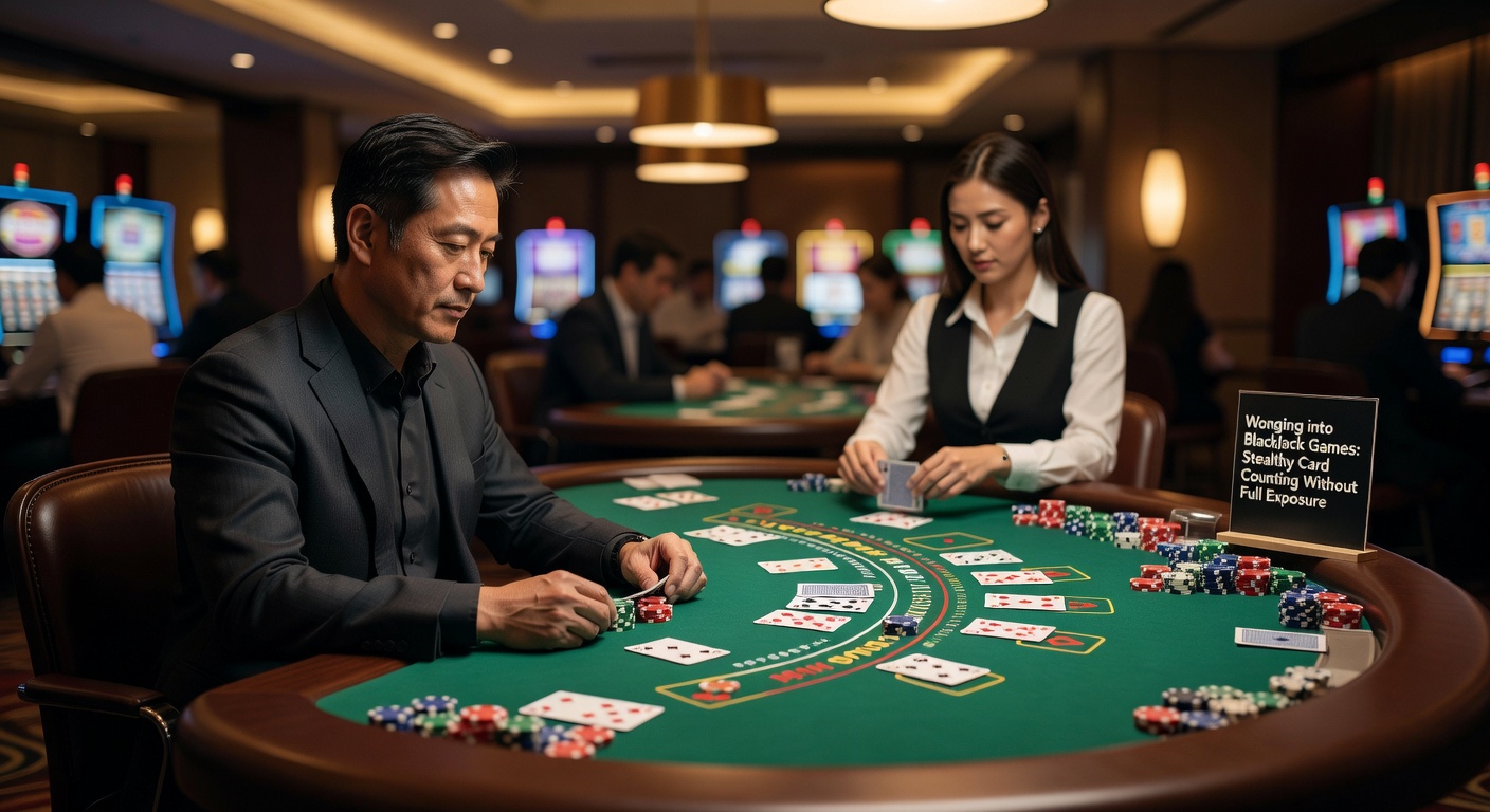 Gruppe von Spielern, die Blackjack-Tische beobachten und strategisch Positionen wechseln, mit Fokus auf Count-Monitoring